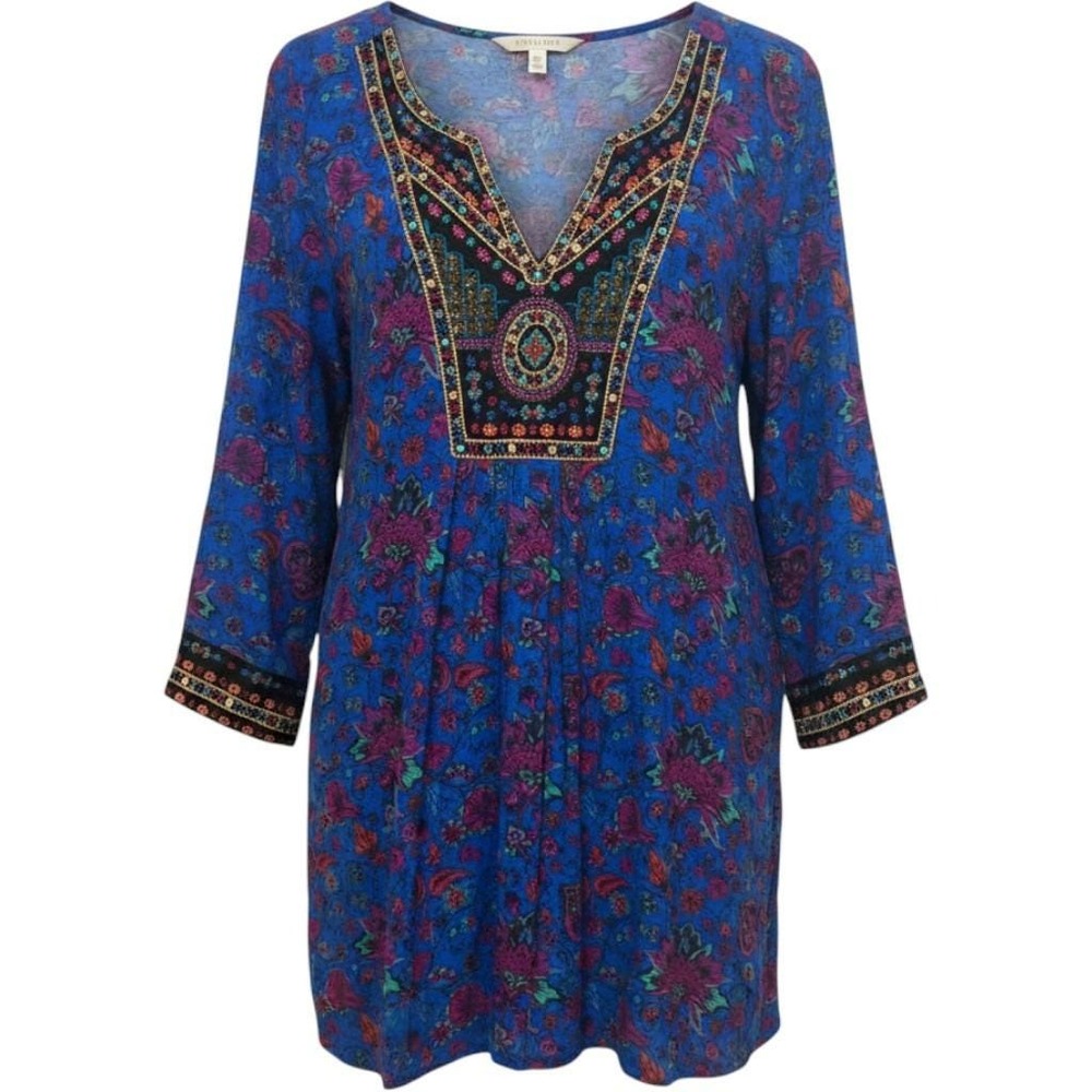 Soft Surroundings Blue Floral Embroidered Sequin Tunic Top Womens M Artsy Boho